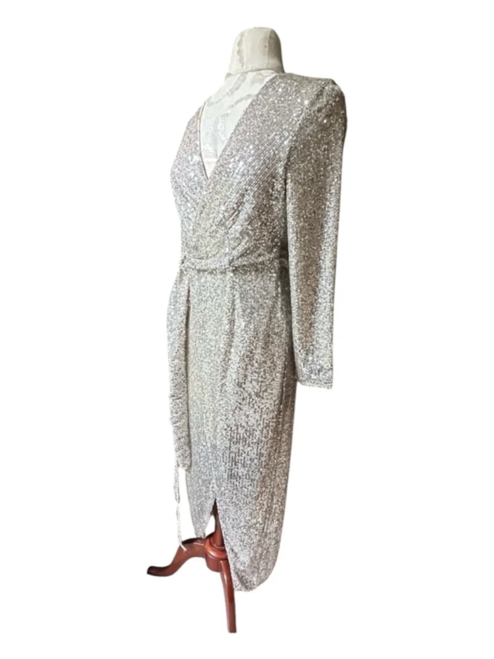 Resa Cher Maxi Wrap Dress Silver Sequins Excellent Size S - Picture 3 of 11